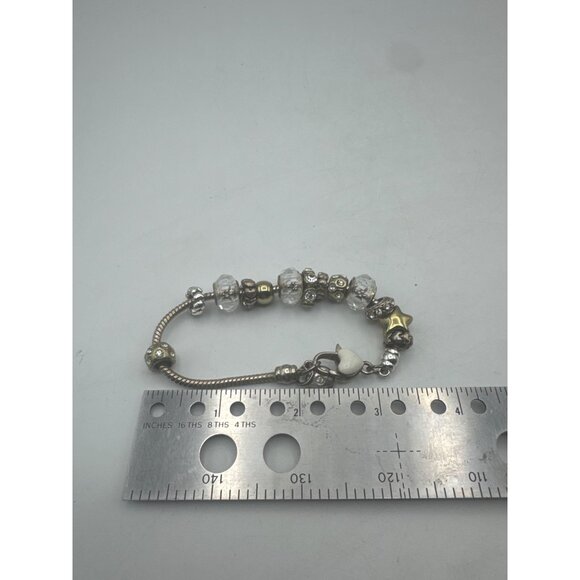 Crystal Beaded Bracelet Silver Tone Heart Star Charms Adjustable Chain Jewelry - Picture 4 of 6